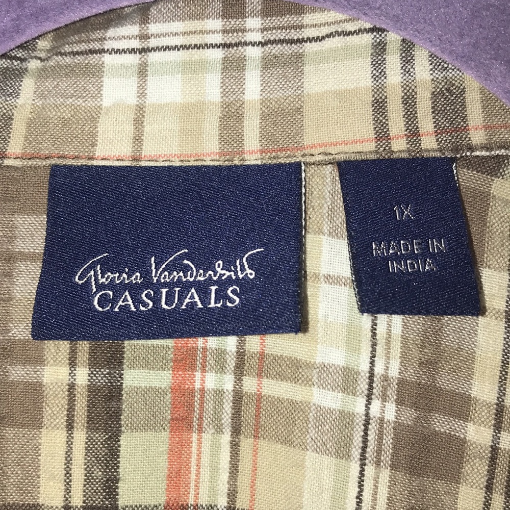 Gloria Vanderbilt Casuals Women’s 1X Neutral Tones Button Up Plaid Top Blouse - Picture 5 of 7